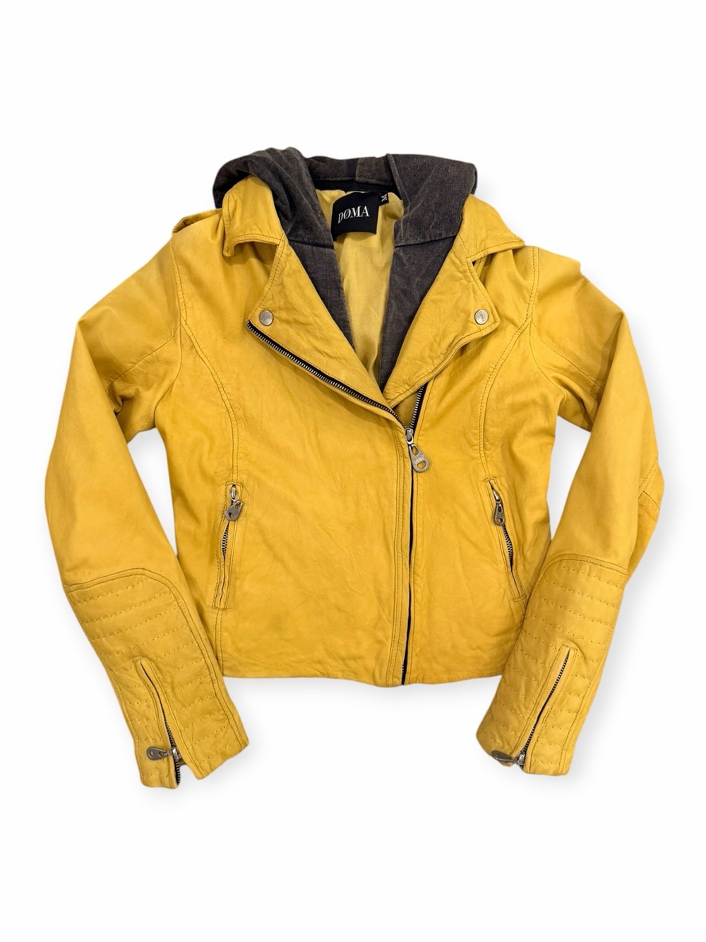 DOMA Mustard Yellow Genuine Leather Moto Jacket Hooded Biker Style Size Medium